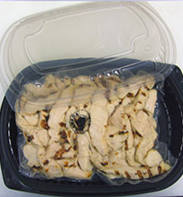 Tray packed, lower sodium flame broiled chicken breast strips.